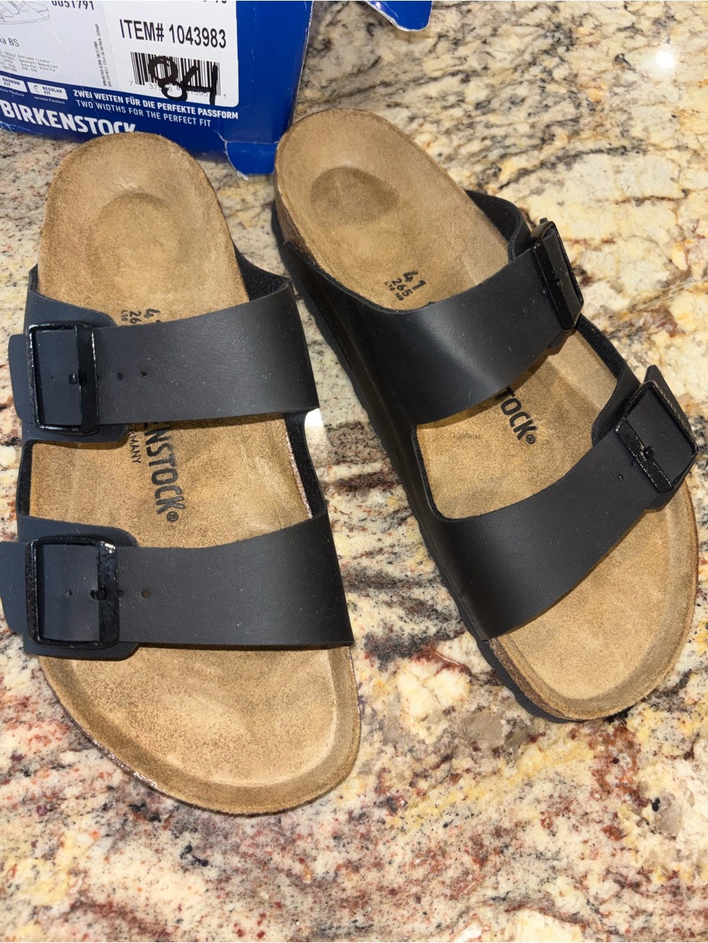 Birkenstock women’s Two-Strap Slide Sandals in Black and Tan Sz 10 NEW